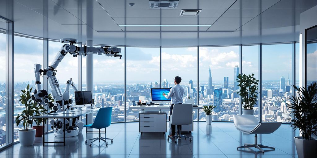 Modern entrepreneur in sleek high-tech office with vibrant digital interface.